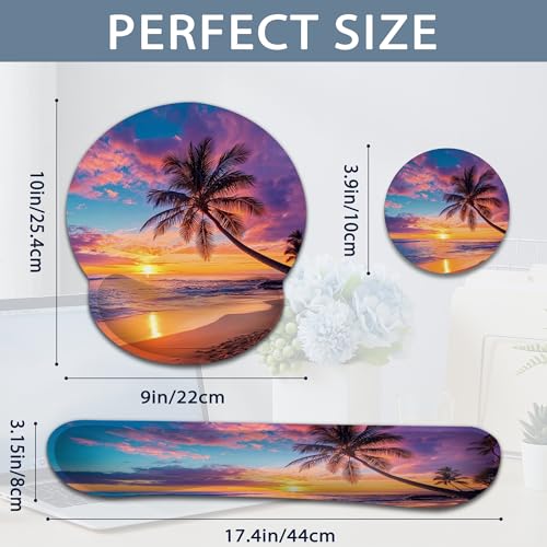 Tropical Palm Keyboard Wrist Rest Pad Ergonomic Mouse Pad Set,Sunset Trees Sea Beach 3 in 1 Memory Foam Mouse Pad with Non Slip Base for Office and Home - color: Tropical Palm Sunset Trees Sea Beach