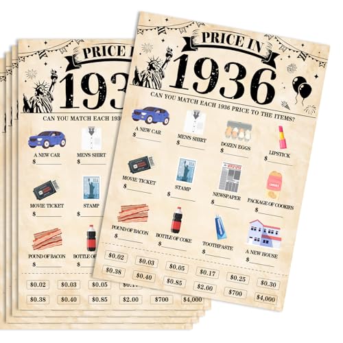 30Pcs 90th Birthday Party Games Price in 1936 Game Fun Back in 1936 Games Double-Sided Game Cards Vintage 90th Birthday Party Supplies for 90 Year Old Woman Man Anniversary Class Reunion Gifts - size: 90-1936, style: Price Game