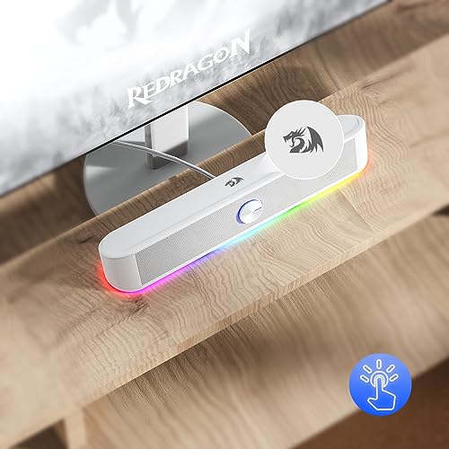 Redragon GS560 RGB Desktop Soundbar, Dynamic Lighting Bar with Audio Sync | 2.0 Stereo Enhanced Auido Quality, Touch-Control Backlit, Volume Knob, Plug & Play USB Powered Computer Speaker - color: White