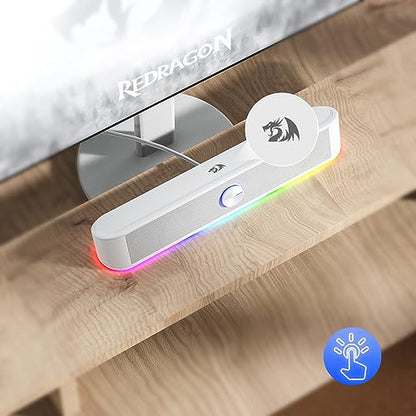Redragon GS560 RGB Desktop Soundbar, Dynamic Lighting Bar with Audio Sync | 2.0 Stereo Enhanced Auido Quality, Touch-Control Backlit, Volume Knob, Plug & Play USB Powered Computer Speaker - color: White