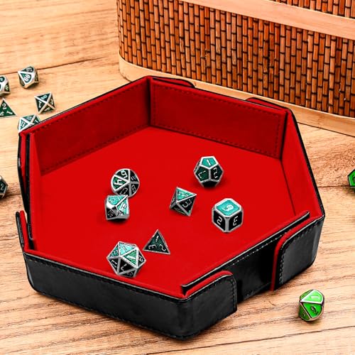 SIQUK Magnetic Folding Dice Tray Hexagon Dice Rolling Tray PU Leather Dice Trays Foldable Dice Holder Dice Rolling Mat Storage Box for D&D RPG Dice Games, Red - color: Red