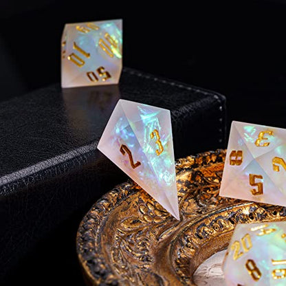 Cusdie 7 Pcs Frosted Dice Sharp Edges DND Dice, Handcrafted Polyhedral Dice Set, for Role Playing Game Pathfinder(Transparent) - color: Frosted-white