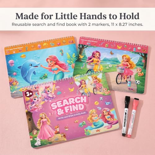 Fun Search and Find Books for Kids 3-5 - Cute Road Trip Game w Magical Scenes for Girls 4-8 w Princess, Unicorn & Mermaid - Essential Travel Activity w Markers for Hours of Fun on Car Rides & Planes