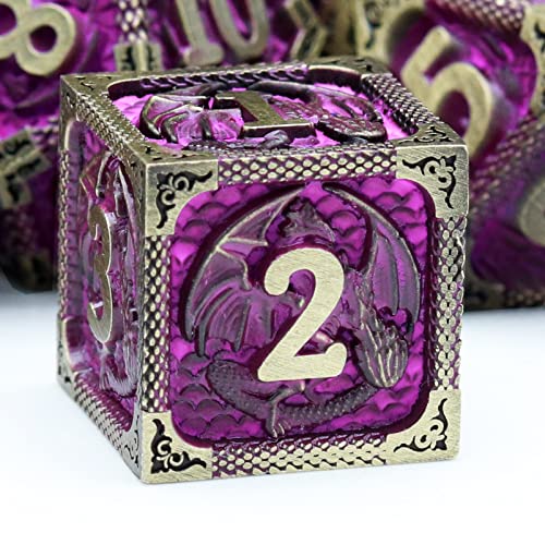 Haxtec Metal Dice Set Purple Black Dragon Pattern Metal DND Dice with Leather Dice Bag Polyhedral D&D Dice Compatible with Dungeons and Dragons TTRPG Gifts - color: Bronze Matt Purple