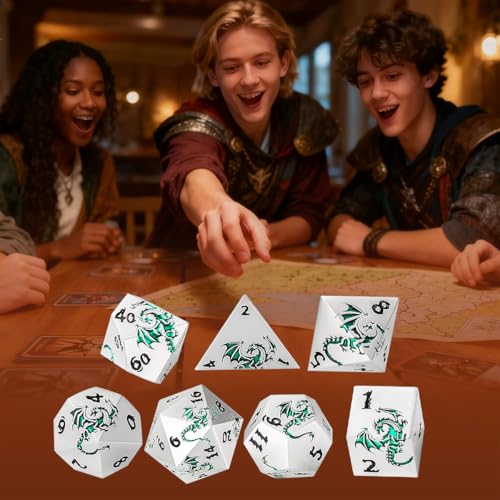 Metal Dice Set, Flat Face White Green Dragon Pattern, 7pcs Polyhedral Metal DND Dice Set, DND Starter Set, D&D Gifts with Gift Box, Role Playing Board Games Accessories, White - color: White+green
