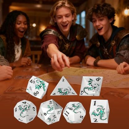Metal Dice Set, Flat Face White Green Dragon Pattern, 7pcs Polyhedral Metal DND Dice Set, DND Starter Set, D&D Gifts with Gift Box, Role Playing Board Games Accessories, White - color: White+green