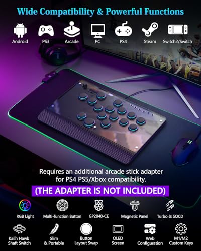 GM-16 Leverless Arcade Stick, Magnetic Detachable Panel, All-Button Fight Controller with 16 Keys, Tournament Lock with OLED, RGB, Turbo & Hot-Swappable for PS4/PS3/PC/Switch, Black