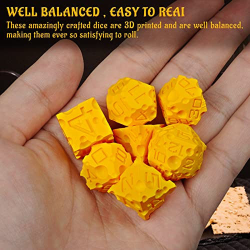CZYY Cheese Dice Set, 7 Polyhedral Dice for Tabletop RPGs | Food-Themed Novelty Dice, Cheese Hole Details, 3D Printed, For Tabletop Games, Collections & Gamer Gifts