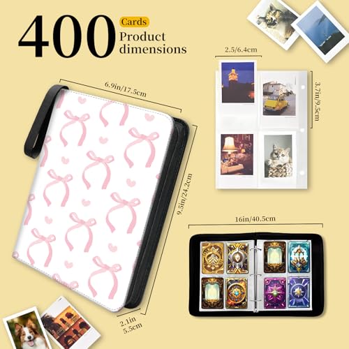 AXUASSILD 4 Pocket Card Binder, Premium Trading Card Holder Fits 400 Cards With 50 Removable Sleeves, Cute Portable Collection Card Ablum Holder Cute White Pink Bowtie - color: Cute White Pink Bowtie