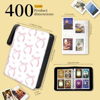 AXUASSILD 4 Pocket Card Binder, Premium Trading Card Holder Fits 400 Cards With 50 Removable Sleeves, Cute Portable Collection Card Ablum Holder Cute White Pink Bowtie - color: Cute White Pink Bowtie