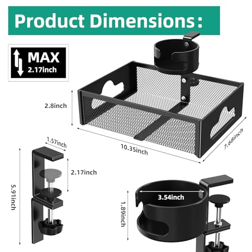 CABTE Desk Cup Holder with Drawer Organizer | Anti-Spill Clip-On Table Cup Hook with 360° Rotation Hidden Storage Box for Office Home Gaming Table (Black) - color: Black