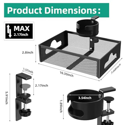CABTE Desk Cup Holder with Drawer Organizer | Anti-Spill Clip-On Table Cup Hook with 360° Rotation Hidden Storage Box for Office Home Gaming Table (Black) - color: Black