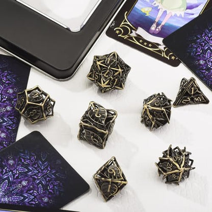 AUSTOR Metal DND Dice Set 7 Pieces Leaf DND Dice Hollow Polyhedral Dice D20 D12 D10 D% D8 D6 D4 Metal Dice with Metal Box for Dungeons & Dragons RPG Board Games (Antique Bronze) - color: Antique Bronze