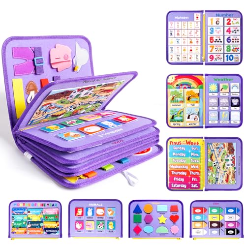 Toddler Busy Board, Montessori Busy Book for Kids, 12-Page Quiet Educational Activity Book, 24 in 1 Learning Sensory Toys for Motor Skills, Travel Toy for Car Airplane, Girl Birthday Gift (Mermaid) - color: Purple