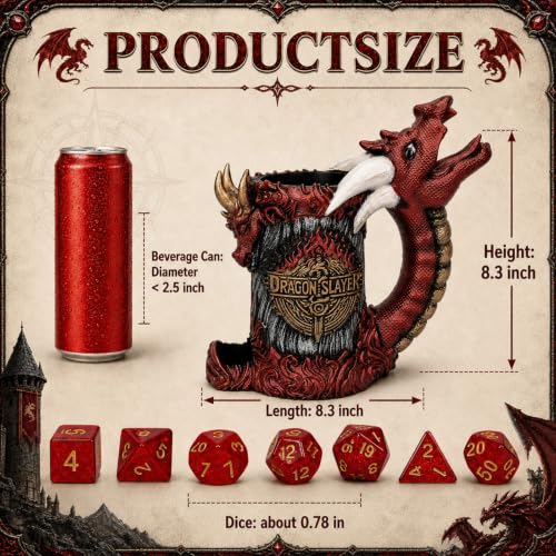 Dice Tower Mug, Dice Rolling Tower, Comes with 7 PCS Dice Set, Suitable for DND Dungeons and Dragons, Tabletop Games, Available As Drink Holder, D&D Gifts, DND Accessories (Gray-red Dragon) - color: Gray-red Dragon