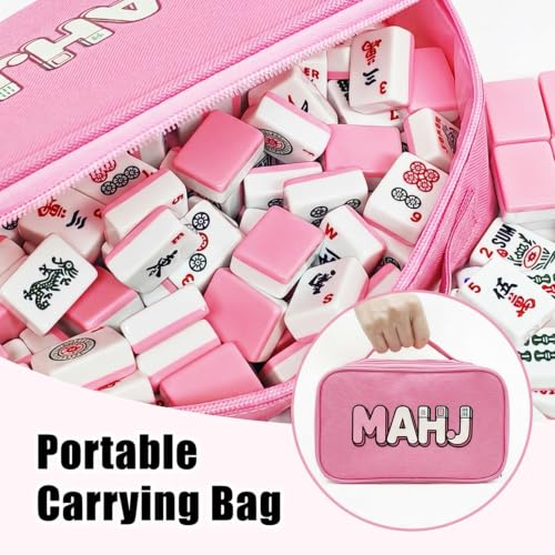 American Mahjong Tile Set, 166 Pink Mahjong Tiles with Carry Bag | 1.2-Inch Engraved Tiles, Melamine, Durable, Portable, with Mahjong Bag & 3 Dices for Travel, Family Game Nights, and Gifting - color: Pink