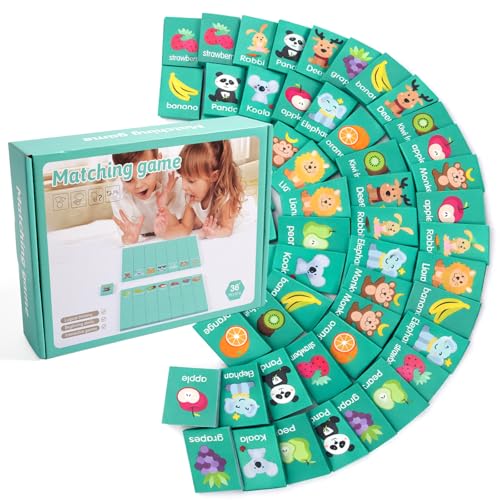 Wooden Dominoes Memory Matching Game for Toddlers 3-6, 57 Pcs Fruit Animal | 3-in-1 Topple Board Games with Storage Bag, Interactive Preschool Educational Toys, Family Reunion Games Gifts for Kids