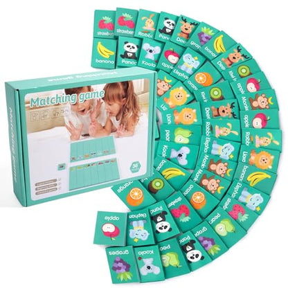 Wooden Dominoes Memory Matching Game for Toddlers 3-6, 57 Pcs Fruit Animal | 3-in-1 Topple Board Games with Storage Bag, Interactive Preschool Educational Toys, Family Reunion Games Gifts for Kids