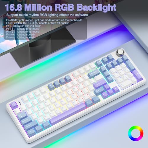 AULA F99 Pro Wireless Mechanical Keyboard with Knob,Creamy Sound,Tri-Mode BT5.0/USB-C/2.4GHz Hot Swappable Keyboard,Gasket Structure,RGB Backlit Computer Gaming Keyboards - color: With Knob-White&Blue&Purple