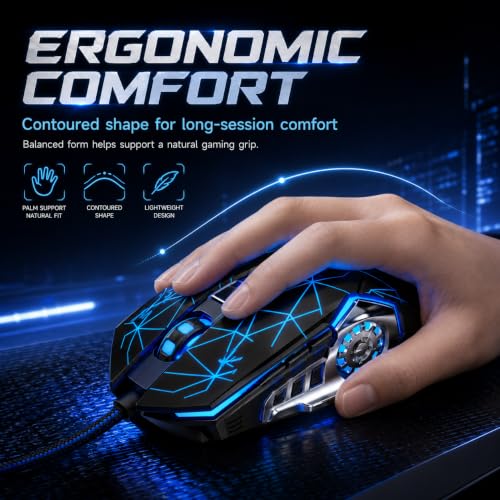 【 Starlight Effect - 59 inch Cable 】2026 Wired Gaming USB Optical Mouse - Four Level Adjustable DPI Optical Sensor - Ergonomic Design - Precise Control - Built in Scroll Wheel Function - Plug and Play - color: Black, size: Upgraded Mouse