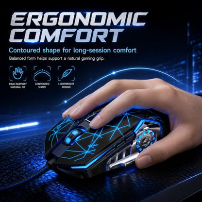 【 Starlight Effect - 59 inch Cable 】2026 Wired Gaming USB Optical Mouse - Four Level Adjustable DPI Optical Sensor - Ergonomic Design - Precise Control - Built in Scroll Wheel Function - Plug and Play - color: Black, size: Upgraded Mouse