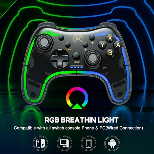 ELISWEEN Switch Controller for Nintendo Switch/OLED/Lite, Replacement for Nintendo Switch Pro Controller Support PC & Android/iOS with Cool RGB LED, Wireless Switch Controller with Turbo,Vibration - color: Dark Brown Light