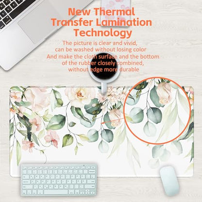 Desk Mat, Watercolor Pink Flowers Desk Pad, Green Leaves Flowers Large Gaming Mouse Pad for Desk, 31.5"x15.7" Extended Big Computer Keyboard Mouse Pad with Non-Slip Base and Stitched Edge - color: Watercolor Pink Flowers