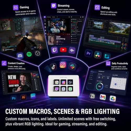 Mini Stream Controller Deck, Gaming Streaming Macro Pad Keypad, Shortcut Keyboard with 6 Programmable LCD Keys, Customizable Icons & RGB Light, USB Soundboard for Video Editing, OBS, PC, Mac - color: White