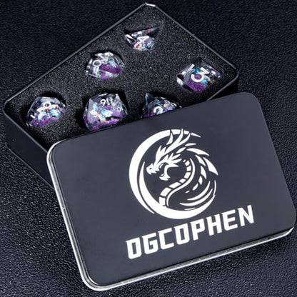 DND Dragonfly Dice 7PCS Polyhedral Sharp Edge Dice Set with Gift Case for Dungeons Dragons Role Playing Game, RPG Resin D and D Dice D6 D8 D10 D12 D20 D% (Silver Purple) - color: Qt-silver Purple
