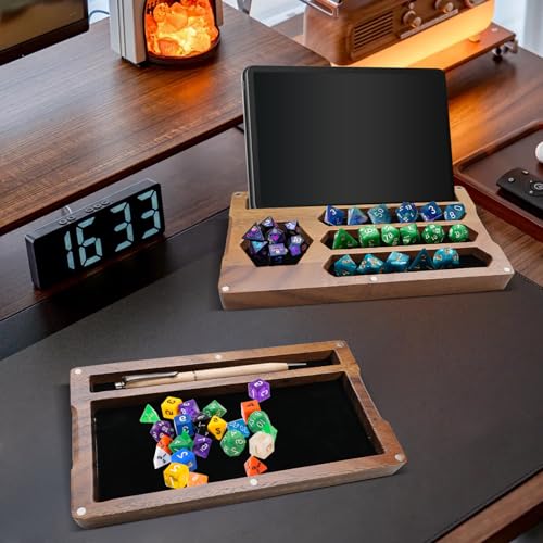 2 Pcs Walnut Dice Box 4.8 x 9 x 1.6 inch Secures Lid Portable Tray Handmade Rolling Dice Tray with Storage, Magnetic Lock and Phone Stand for Tabletop RPG and Board Games