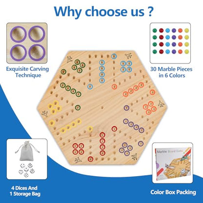 Wahoo Board Game-23.6 Inches Game Board for 4 and 6 Players | solid wooden wahoo marble board game with marbles and dice; fit party game night and indoor group entertainment - color: Extra Large, Log