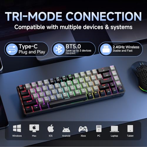 DIERYA DK68 60% Wireless Mechanical Gaming Keyboard, 3-Mode, Bluetooth 5.0/2.4G/USB-C, RGB Backlit, 68-Key Compact Mini for Windows, Mac, Linux - Linear Red Switch - Black/Grey - color: Black Grey/Red Switch