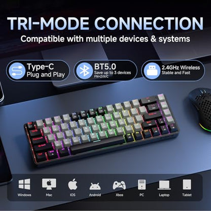 DIERYA DK68 60% Wireless Mechanical Gaming Keyboard, 3-Mode, Bluetooth 5.0/2.4G/USB-C, RGB Backlit, 68-Key Compact Mini for Windows, Mac, Linux - Linear Red Switch - Black/Grey - color: Black Grey/Red Switch