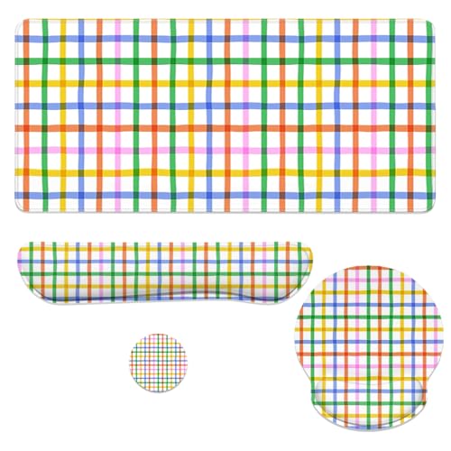 Plaid Mouse Pad Set Colorful Rainbow Checkered Seamless Gaming Mousepad 4in1 Desk Mat for Desktop Anti-Slip XXL Big Computer Ergonomic Mousepad with Wrist Support for Keyboard and Mouse - color: Plaid, size: 35.4L x 15.7W inches