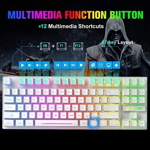 Wireless Membrane Gaming Keyboard and Mouse Set with 87Key Tenkeyless-White | Rainbow LED Backlight,Rechargeable 3800mAh Battery,Anti-ghosting,Ergonomic,Waterproof,RGB Mute Mice for Computer PC Mac Gamer - color: White