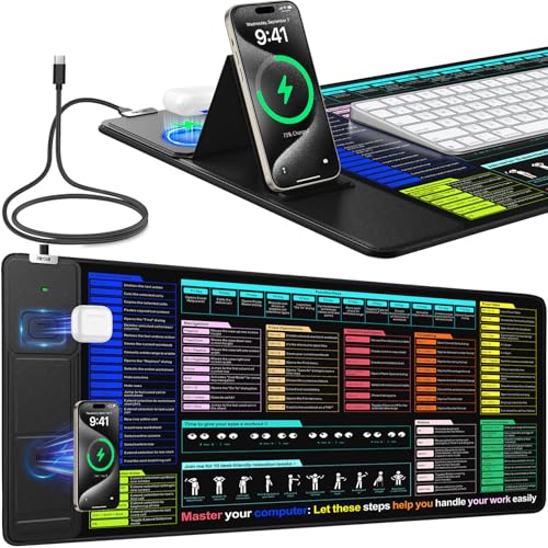 Mouse Pad with Foldable Phone Holder, Wireless Charging Desk Mat 31.5x15.75 Mousepad with Superior Micro-Weave Cloth Non-Slip Waterproof Desk Pad - color: Black-Office Shortcuts-31.5"x15.8"