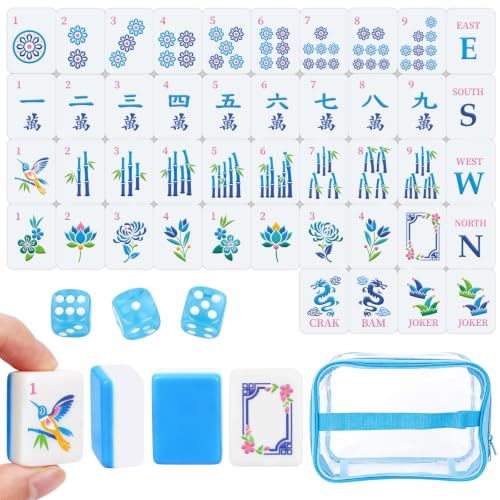 162 American Mahjong Tile Set, 1.2” Blue Mini Travel Size Engraved Melamine Mahjong Tiles with 1 PVC Storage Bag & 3 Dice for Adults, Family Game Night, Mahjong Gifts - color: Pure Blue