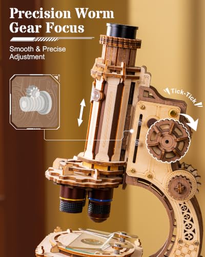 ROKR Wooden 3D Puzzle Building Kit, Real Optical Microscope with 40X-400X Magnification, STEM Science Toy for Students and Adults(ST005)