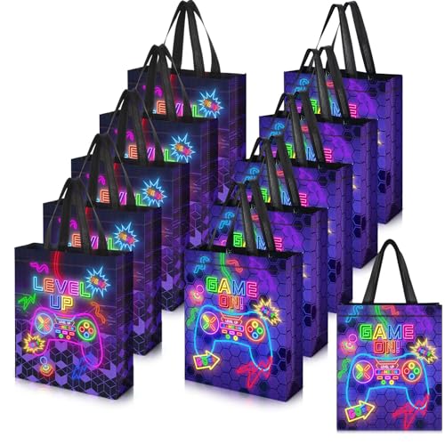 Sweetude 30 Pcs Video Game Gift Bag with Handle Game Party Supplies Reusable Gaming Neon Goody Bag, 2 Styles - style: Neon