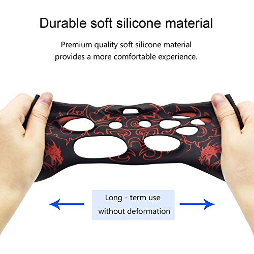Skin for PS4 Controller, BRHE Anti-Slip Grip Silicone Cover Protector Case Compatible with PS4 Slim/Pro Wireless/Wired Gamepad Controller with 2 Dragon Carving Thumb Grip Caps - color: Red