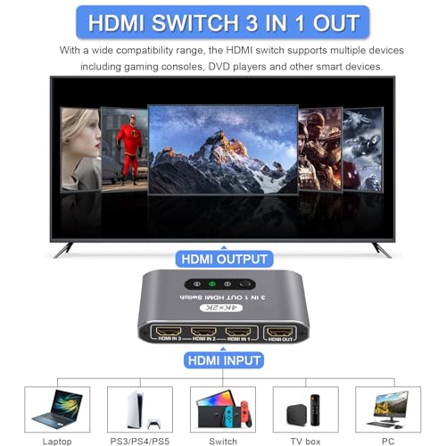 HDMI Switch 3 in 1 Out, 4K@60Hz HDMI Splitter with Remote Control, 3 Ports HDMI Switcher, Perfect for Full HD 4K 1080P 3D Video Roku Fire TV Blu-ray Players Stick Apple PS4/PS5 Xbox Chromecast (Grey) - color: Grey