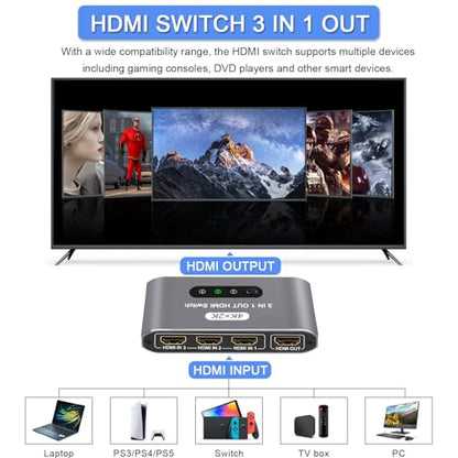HDMI Switch 3 in 1 Out, 4K@60Hz HDMI Splitter with Remote Control, 3 Ports HDMI Switcher, Perfect for Full HD 4K 1080P 3D Video Roku Fire TV Blu-ray Players Stick Apple PS4/PS5 Xbox Chromecast (Grey) - color: Grey