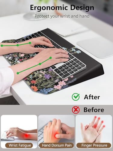 2-in-1 Ergonomic Keyboard Stand with Wrist Rest, Comfy Keyboard Riser Holder with Massage Design, Flower - color: Black Flower