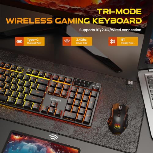 Redragon K521KS Wireless Gaming Keyboard, Tri-Mode BT/2.4G/USB-C RGB Mechanical Feeling Keyboard with Multimedia Keys, 4000mAh Battery, Anti-Ghosting, Compatible with PC - Upgrade - color: Black