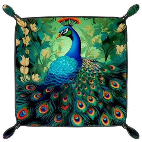 Peacock FlowersDice Tray Foldable Dice Trays Dice Rolling Tray PU Leather Dice Holder for Dice Games Like RPG, DND and Other Table Games