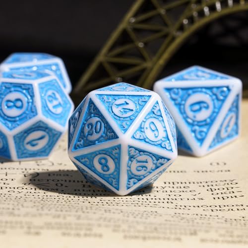 7PCs DND Dice Set, Unique Window Lattice Pattern D&D Dice Set with Leather Die Bag, Polyhedral Die for RPG Table Games (Blue/White) - color: Blue With White Edge