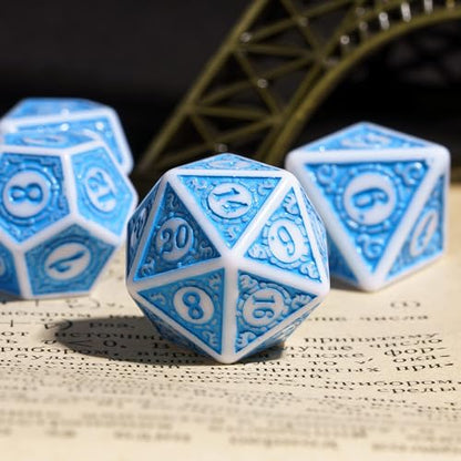 7PCs DND Dice Set, Unique Window Lattice Pattern D&D Dice Set with Leather Die Bag, Polyhedral Die for RPG Table Games (Blue/White) - color: Blue With White Edge