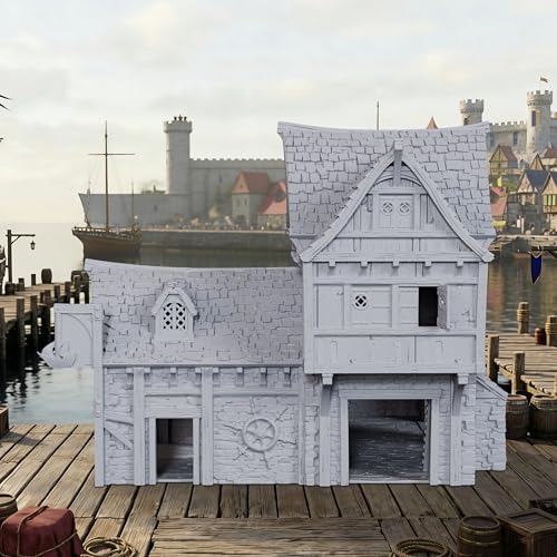 AUSPDICE DND Terrain 25mm 3피스 도크 빌딩, 도색되지 않은 TTRPG 풍경 | 1:64 스케일 멀티 레벨 하버 하우스, 탈착식 지붕 섹션과 던전 앤 드래곤을 위한 디테일한 내부 - AF1154I - color: Af1154i Dock Buildings I