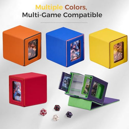 MTG Commander Deck Box with Dual Display Windows and Dice Tray | Fits 100 Double-Sleeved Cards, PU Leather, 2 Magnetic Card Holders, 2 Dividers, Yellow & Brown - color: 3. Yellow & Brown