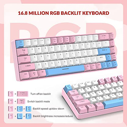 ZIYOU LANG RK-T8 Wired 65% Mechanical RGB Gaming Keyboard-Pink/White/Blue | Rainbow Backlit,Anti-ghosting,TKL,Mini 68 Key,Custom Coiled C to A Cable,Tactile Blue Switch for PS4 PS5 Xbox PC Mac Gamer - color: Pink White Blue, size: 65% Keyboard